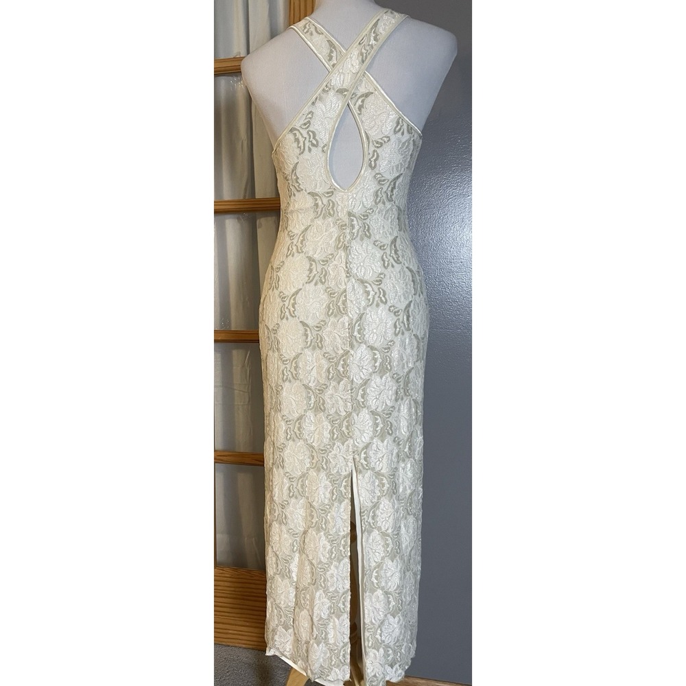 Vtg 90s Handmade Floral Lace Maxi Dress Sz M Sage Crossover Back Fitted Cocktail